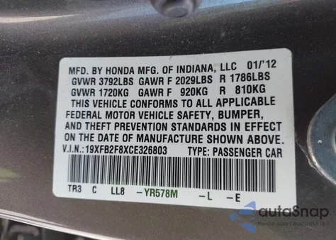 2012 Honda Civic Ex from USA, damaged, VIN 19XFB2F8XCE326803